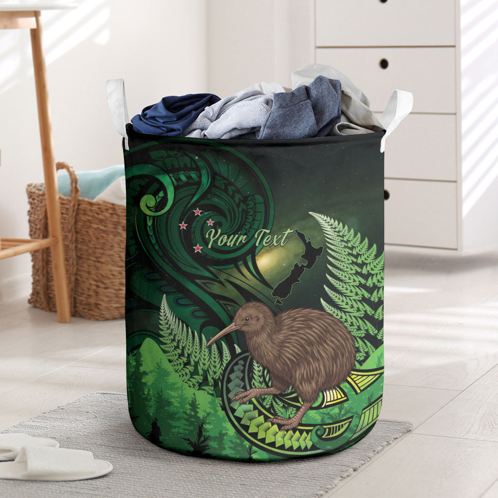 Kiwi New Zealand Personalised Laundry Basket Aotearoa Map Silver Fern Koru Pattern LT22 Green - Polynesian Pride
