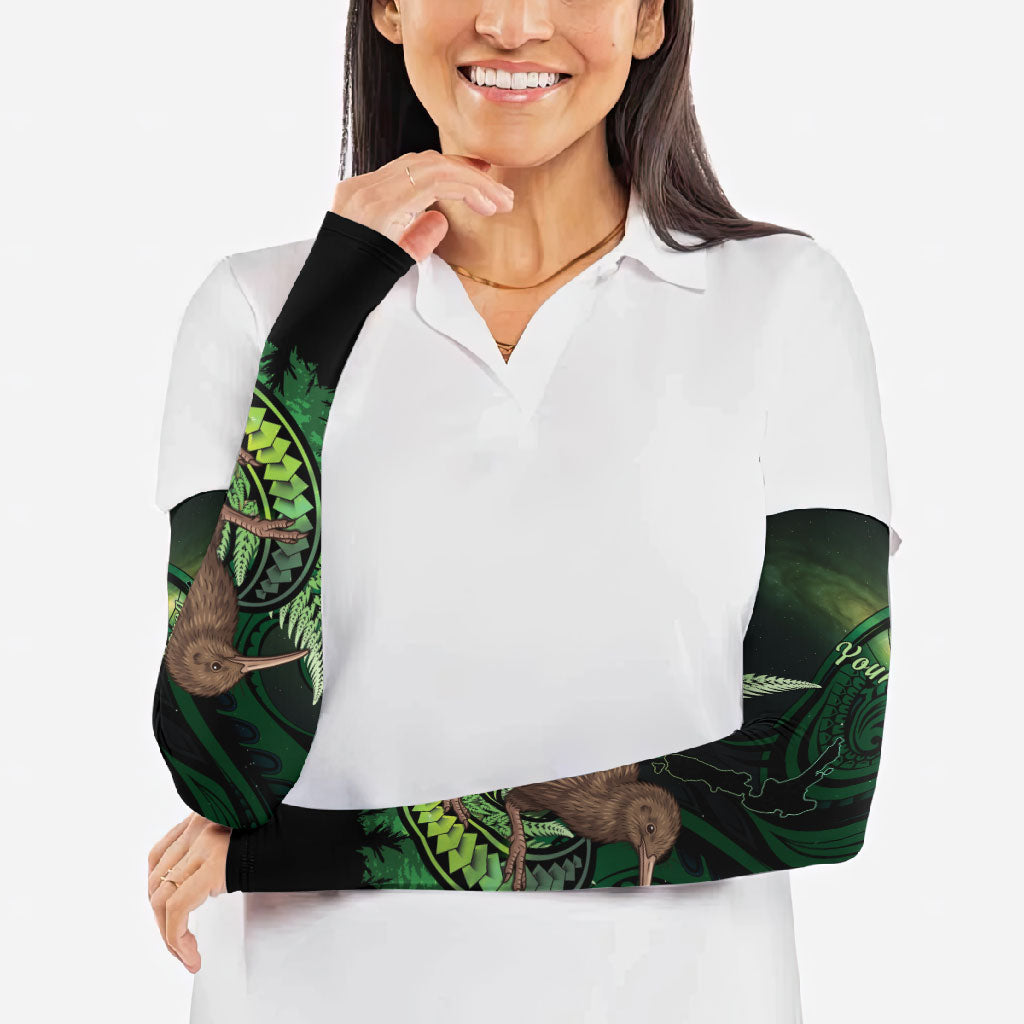 Kiwi New Zealand Personalised Arm Sleeves Aotearoa Map Silver Fern Koru Pattern
