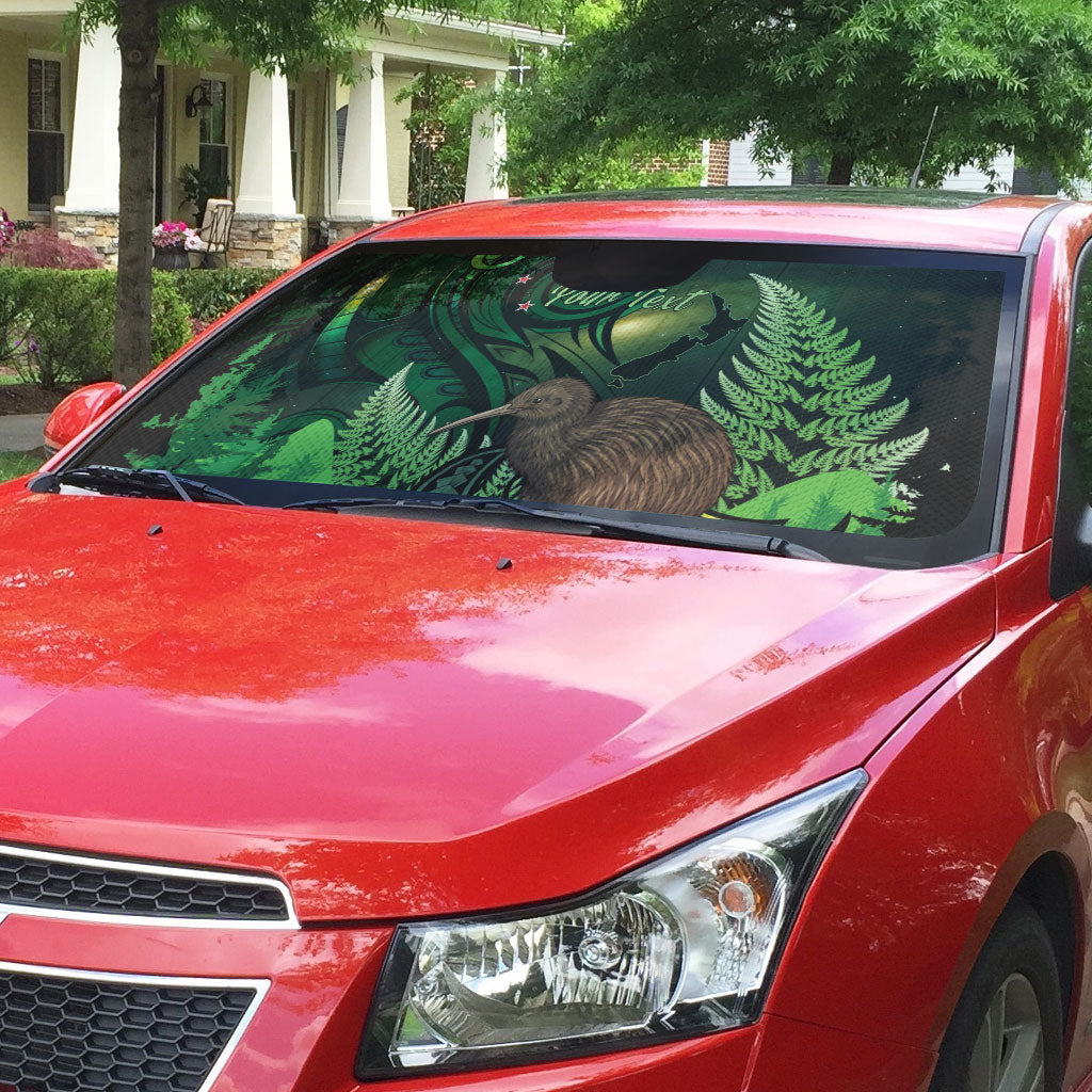 Kiwi New Zealand Personalised Auto Sun Shade Aotearoa Map Silver Fern Koru Pattern