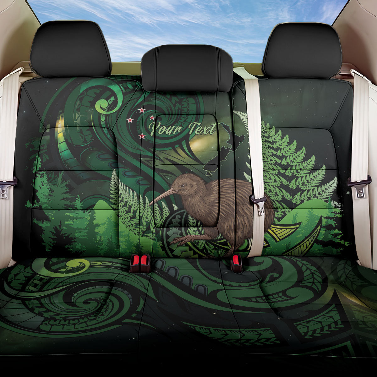 Kiwi New Zealand Personalised Back Car Seat Cover Aotearoa Map Silver Fern Koru Pattern LT22 One Size Green - Polynesian Pride
