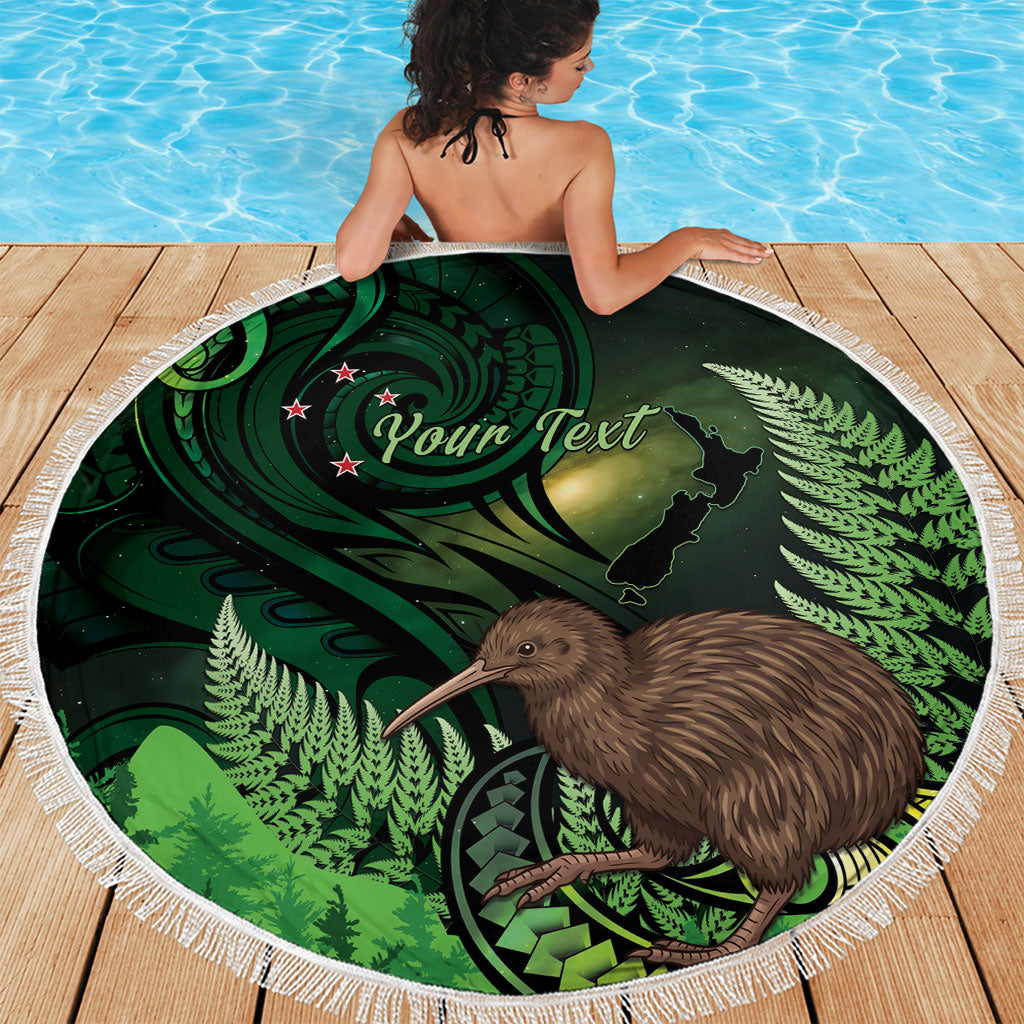 Kiwi New Zealand Personalised Beach Blanket Aotearoa Map Silver Fern Koru Pattern