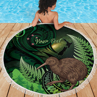 Kiwi New Zealand Personalised Beach Blanket Aotearoa Map Silver Fern Koru Pattern