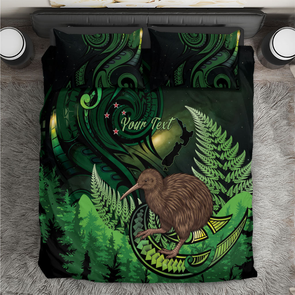 Kiwi New Zealand Personalised Bedding Set Aotearoa Map Silver Fern Koru Pattern LT22 Green - Polynesian Pride