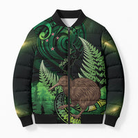 Kiwi New Zealand Personalised Bomber Puffer Jacket Aotearoa Map Silver Fern Koru Pattern