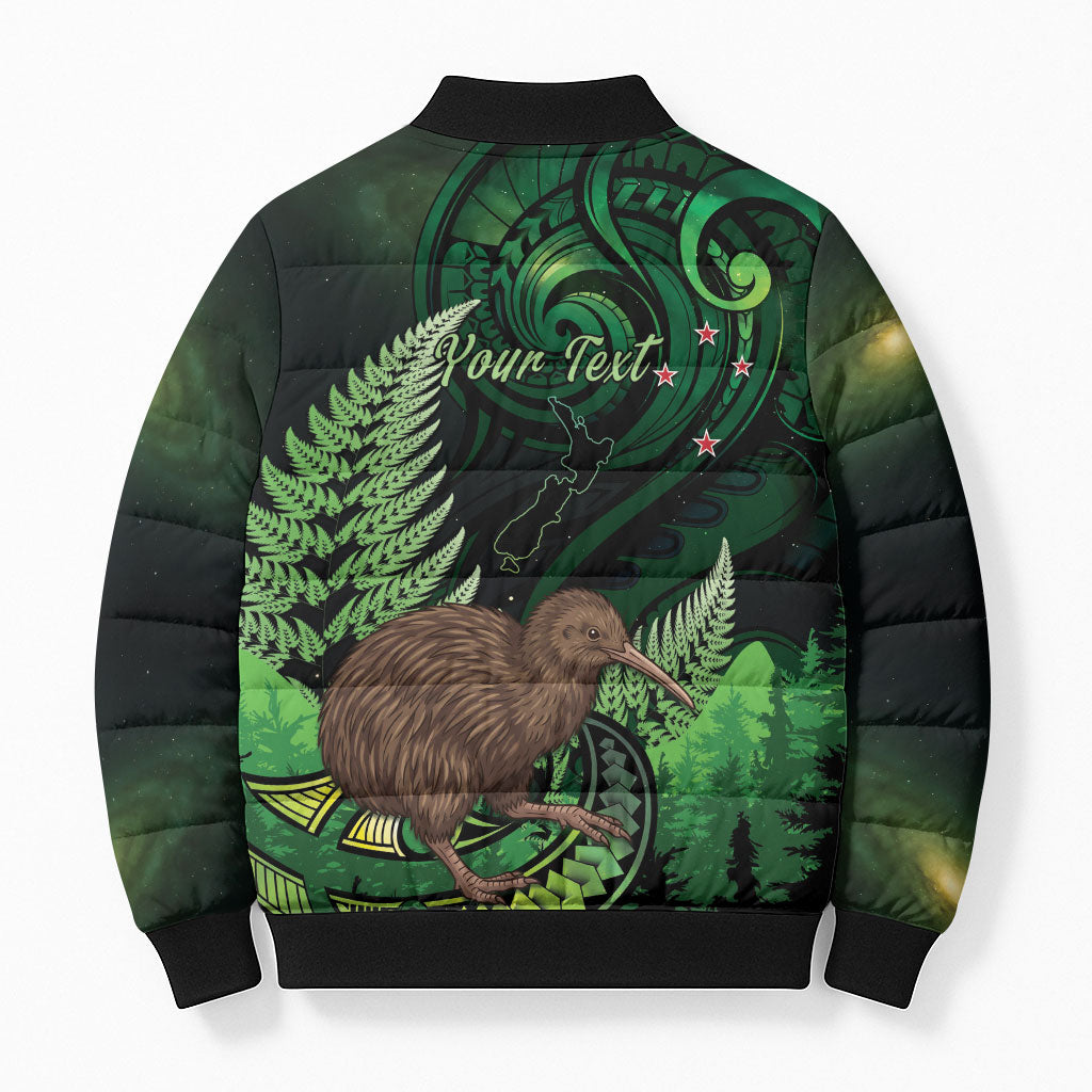 Kiwi New Zealand Personalised Bomber Puffer Jacket Aotearoa Map Silver Fern Koru Pattern