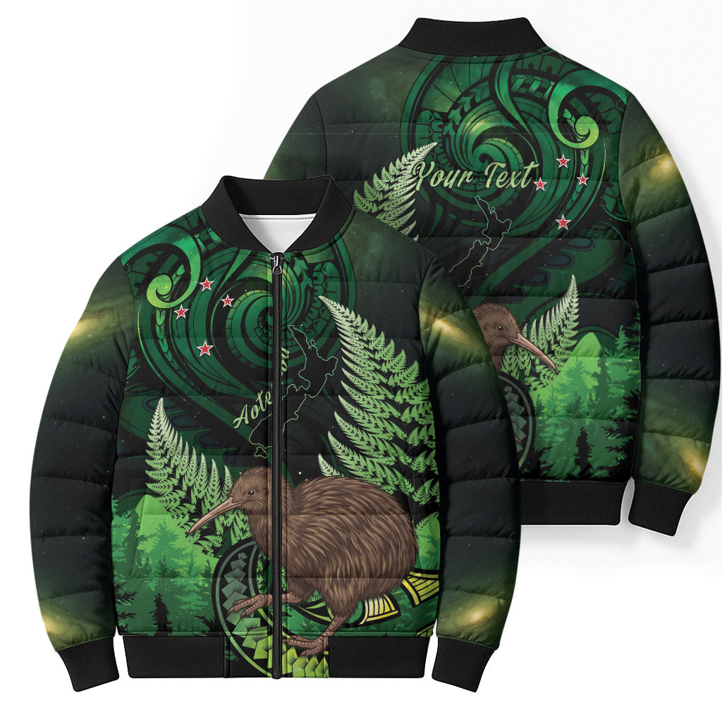 Kiwi New Zealand Personalised Bomber Puffer Jacket Aotearoa Map Silver Fern Koru Pattern