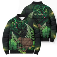 Kiwi New Zealand Personalised Bomber Puffer Jacket Aotearoa Map Silver Fern Koru Pattern