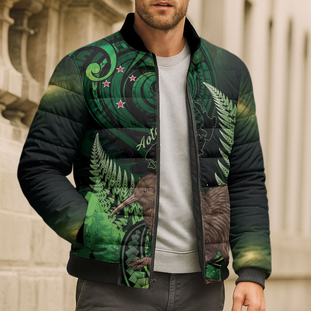 Kiwi New Zealand Personalised Bomber Puffer Jacket Aotearoa Map Silver Fern Koru Pattern