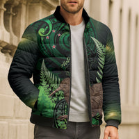 Kiwi New Zealand Personalised Bomber Puffer Jacket Aotearoa Map Silver Fern Koru Pattern