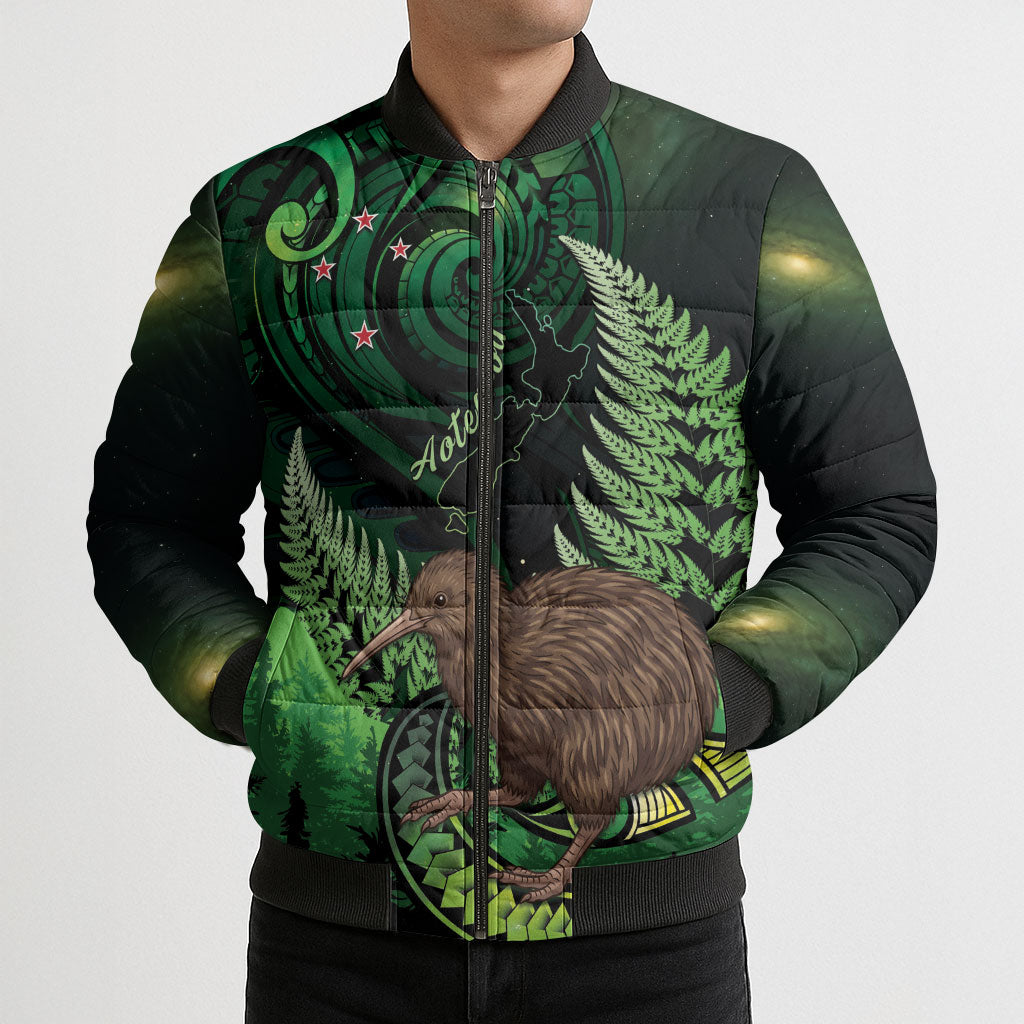 Kiwi New Zealand Personalised Bomber Puffer Jacket Aotearoa Map Silver Fern Koru Pattern