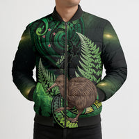 Kiwi New Zealand Personalised Bomber Puffer Jacket Aotearoa Map Silver Fern Koru Pattern