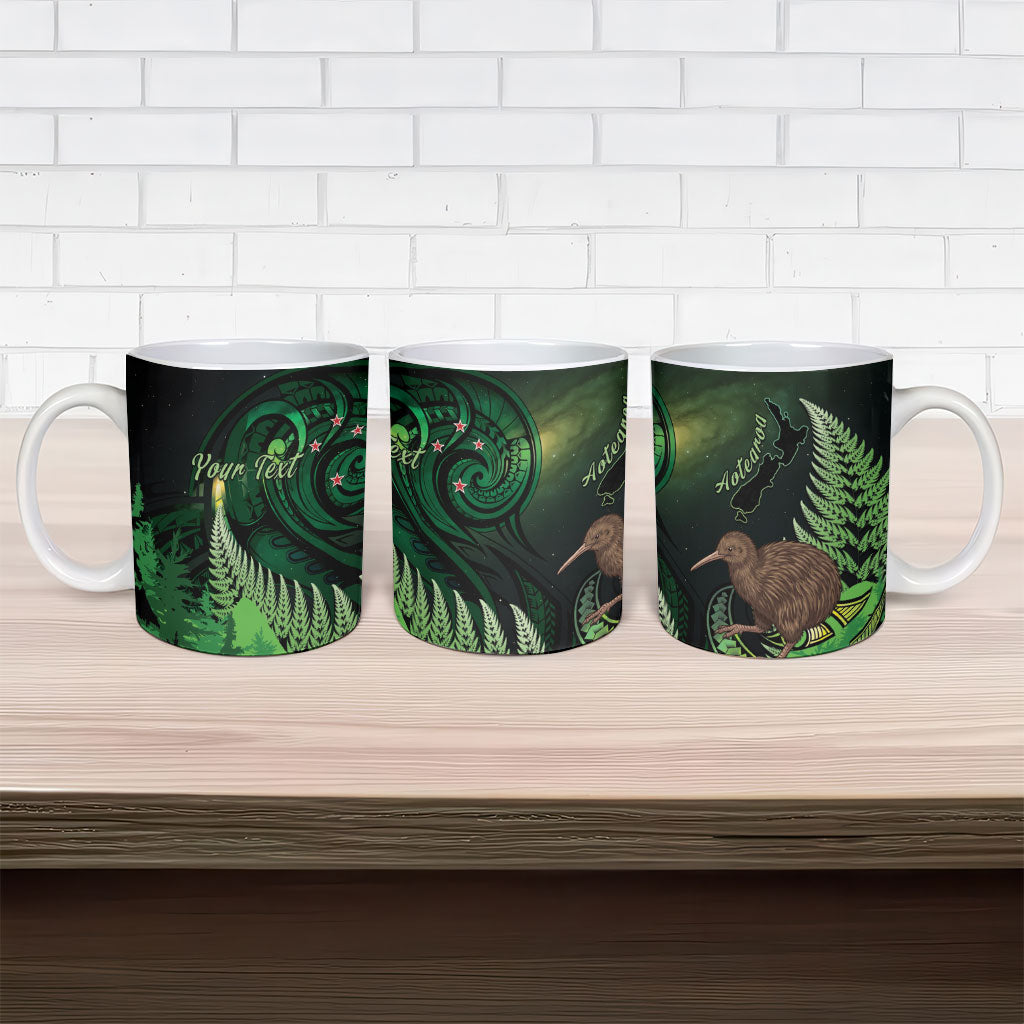 Kiwi New Zealand Personalised Ceramic Mug Aotearoa Map Silver Fern Koru Pattern