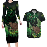 Kiwi New Zealand Personalised Couples Matching Long Sleeve Bodycon Dress and Hawaiian Shirt Aotearoa Map Silver Fern Koru Pattern LT22 Green - Polynesian Pride