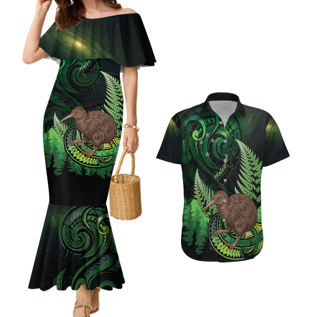 Kiwi New Zealand Personalised Couples Matching Mermaid Dress and Hawaiian Shirt Aotearoa Map Silver Fern Koru Pattern LT22 Green - Polynesian Pride