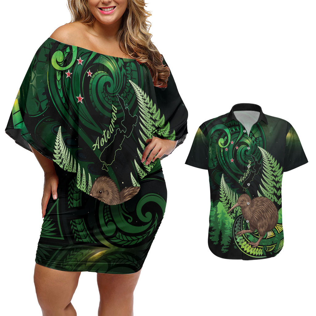 Kiwi New Zealand Personalised Couples Matching Off Shoulder Short Dress and Hawaiian Shirt Aotearoa Map Silver Fern Koru Pattern LT22 Green - Polynesian Pride