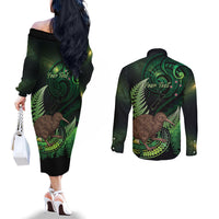 Kiwi New Zealand Personalised Couples Matching Off The Shoulder Long Sleeve Dress and Long Sleeve Button Shirt Aotearoa Map Silver Fern Koru Pattern LT22 - Polynesian Pride
