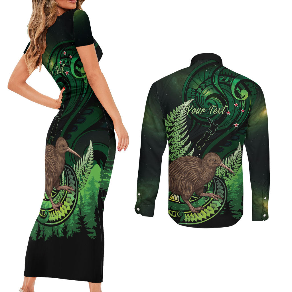 Kiwi New Zealand Personalised Couples Matching Short Sleeve Bodycon Dress and Long Sleeve Button Shirt Aotearoa Map Silver Fern Koru Pattern LT22 - Polynesian Pride