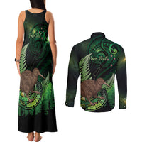 Kiwi New Zealand Personalised Couples Matching Tank Maxi Dress and Long Sleeve Button Shirt Aotearoa Map Silver Fern Koru Pattern LT22 - Polynesian Pride