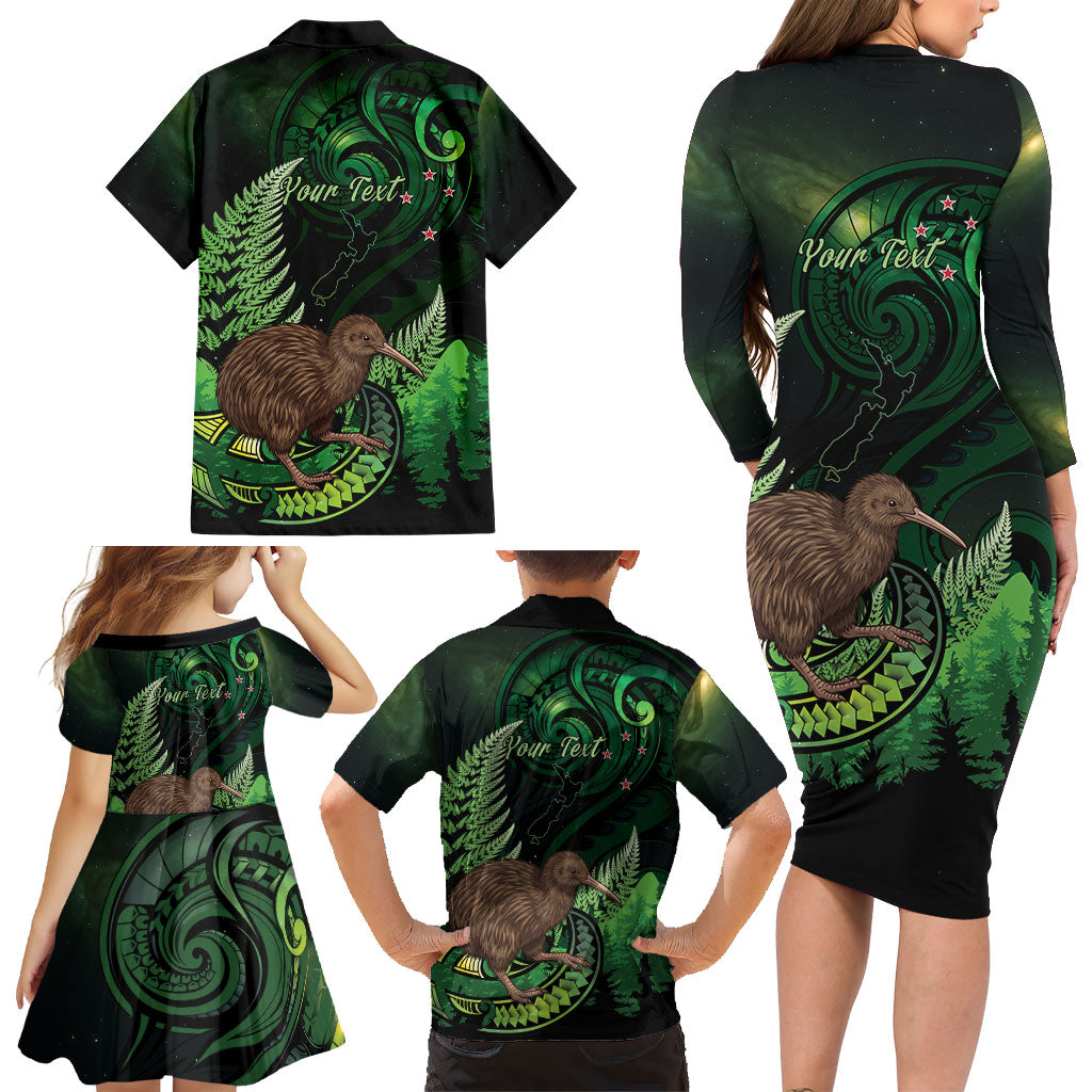 Kiwi New Zealand Personalised Family Matching Long Sleeve Bodycon Dress and Hawaiian Shirt Aotearoa Map Silver Fern Koru Pattern LT22 - Polynesian Pride