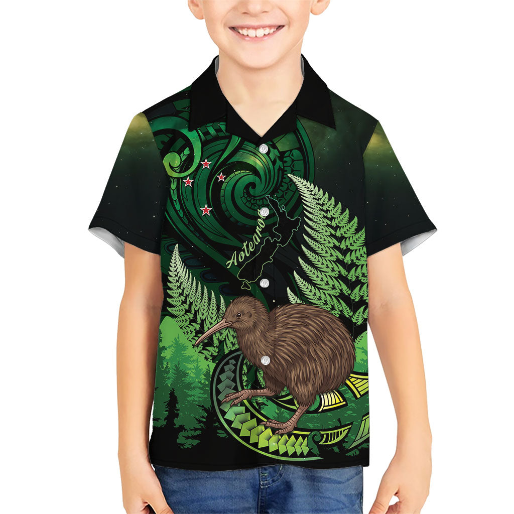 Kiwi New Zealand Personalised Family Matching Long Sleeve Bodycon Dress and Hawaiian Shirt Aotearoa Map Silver Fern Koru Pattern LT22 Son's Shirt Green - Polynesian Pride