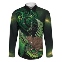 Kiwi New Zealand Personalised Family Matching Off The Shoulder Long Sleeve Dress and Hawaiian Shirt Aotearoa Map Silver Fern Koru Pattern LT22 Dad's Shirt - Long Sleeve Green - Polynesian Pride