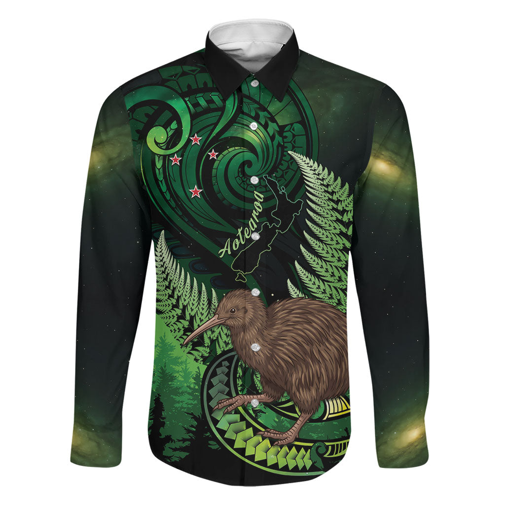 Kiwi New Zealand Personalised Family Matching Short Sleeve Bodycon Dress and Hawaiian Shirt Aotearoa Map Silver Fern Koru Pattern LT22 Dad's Shirt - Long Sleeve Green - Polynesian Pride
