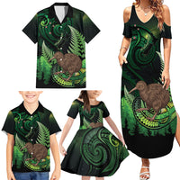 Kiwi New Zealand Personalised Family Matching Summer Maxi Dress and Hawaiian Shirt Aotearoa Map Silver Fern Koru Pattern