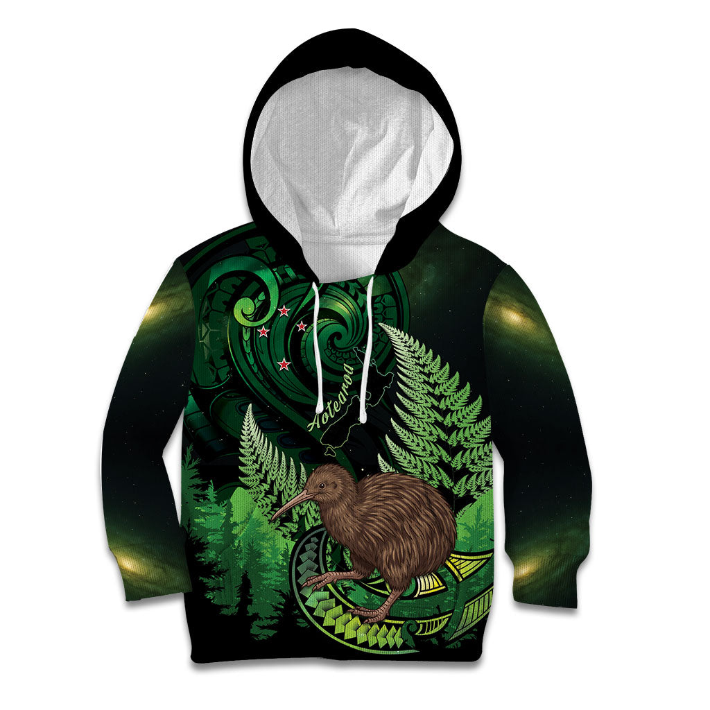 Kiwi New Zealand Personalised Kid Hoodie Aotearoa Map Silver Fern Koru Pattern LT22 Hoodie Green - Polynesian Pride