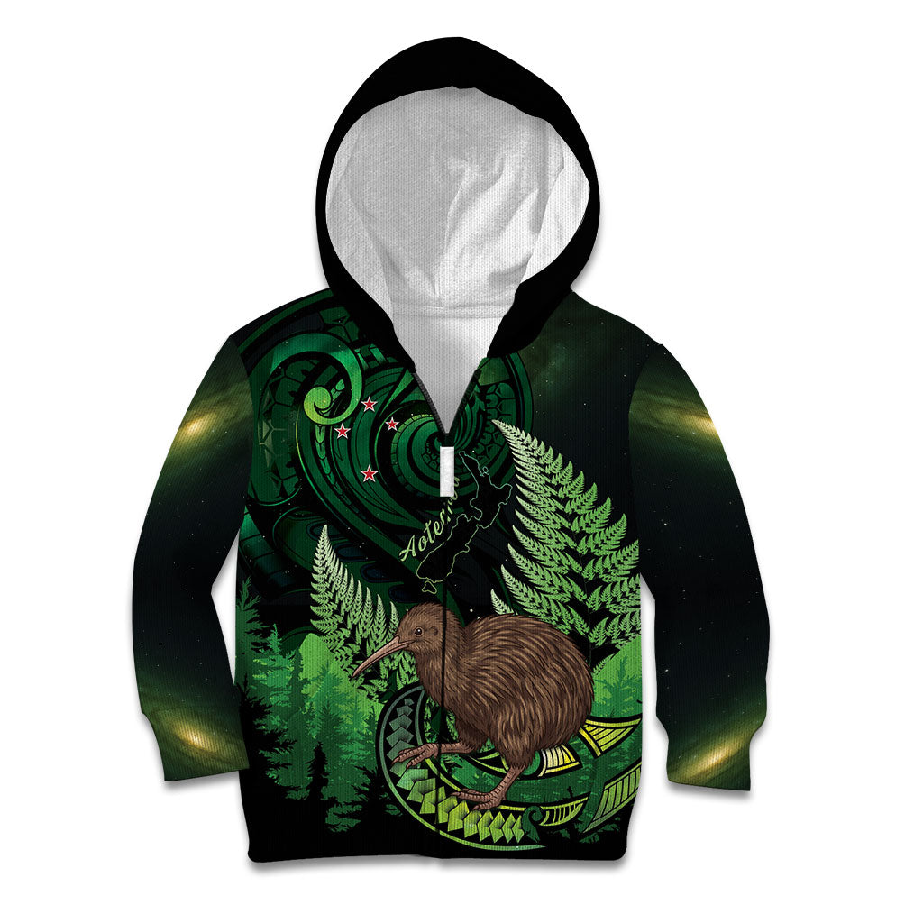 Kiwi New Zealand Personalised Kid Hoodie Aotearoa Map Silver Fern Koru Pattern LT22 Zip Hoodie Green - Polynesian Pride