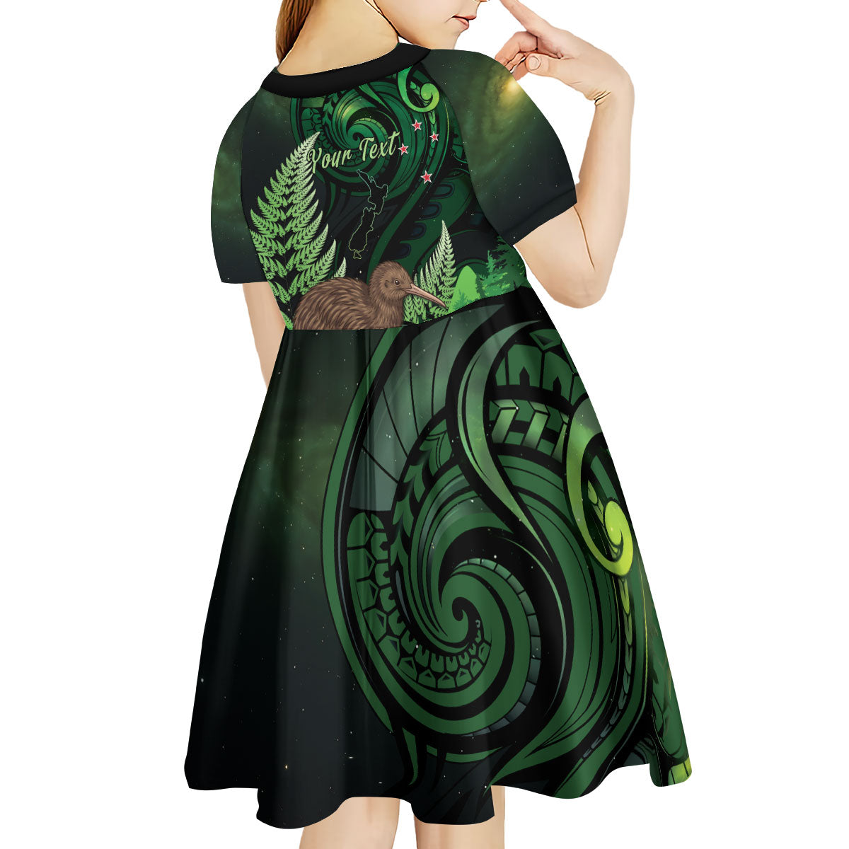 Kiwi New Zealand Personalised Kid Short Sleeve Dress Aotearoa Map Silver Fern Koru Pattern