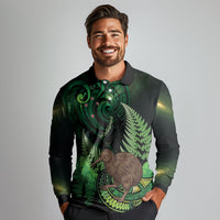 Kiwi New Zealand Personalised Long Sleeve Polo Shirt Aotearoa Map Silver Fern Koru Pattern