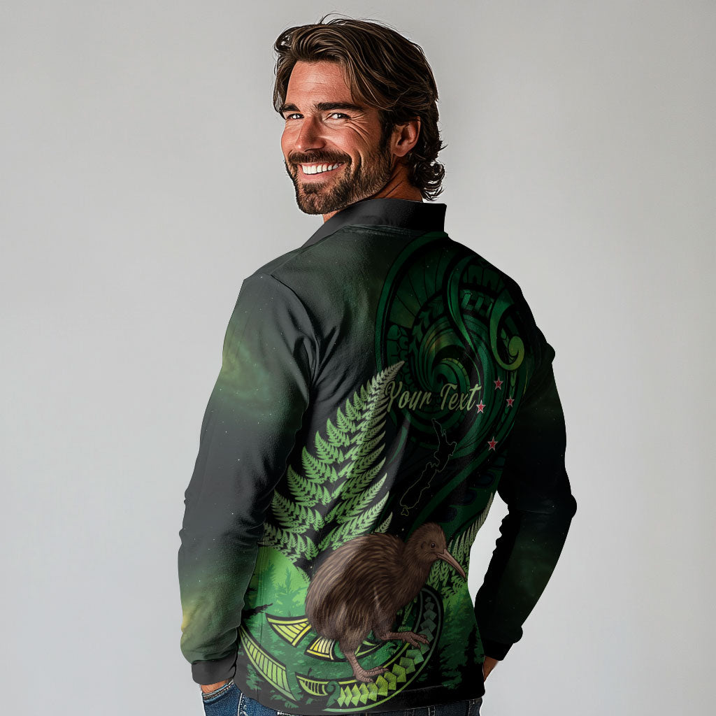 Kiwi New Zealand Personalised Long Sleeve Polo Shirt Aotearoa Map Silver Fern Koru Pattern