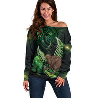 Kiwi New Zealand Personalised Off Shoulder Sweater Aotearoa Map Silver Fern Koru Pattern