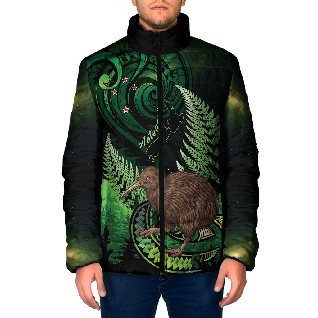 Kiwi New Zealand Personalised Padded Jacket Aotearoa Map Silver Fern Koru Pattern