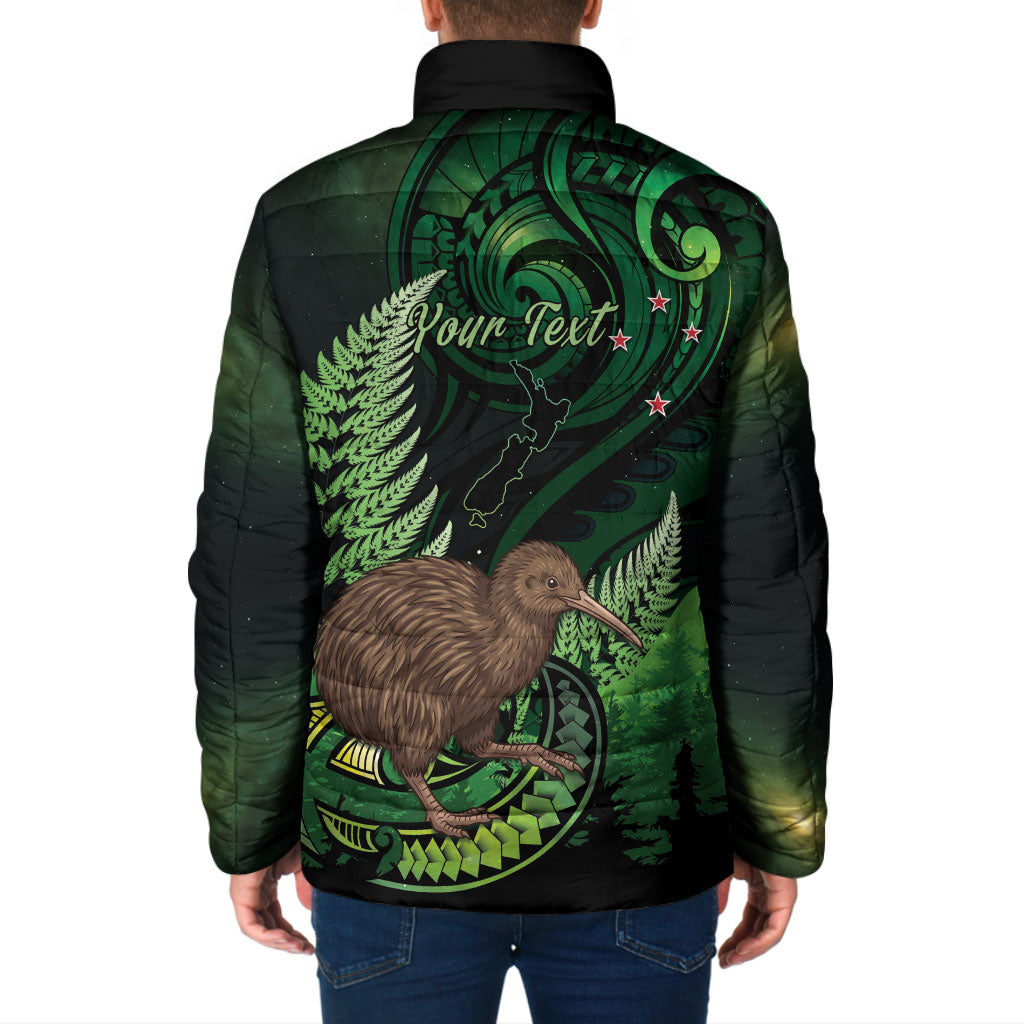 Kiwi New Zealand Personalised Padded Jacket Aotearoa Map Silver Fern Koru Pattern