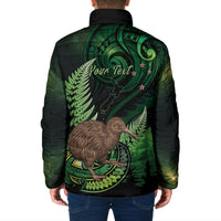 Kiwi New Zealand Personalised Padded Jacket Aotearoa Map Silver Fern Koru Pattern
