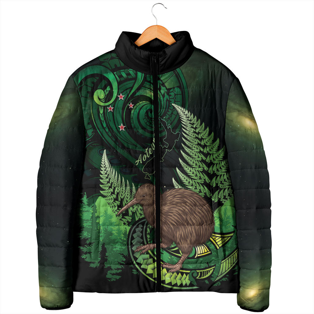 Kiwi New Zealand Personalised Padded Jacket Aotearoa Map Silver Fern Koru Pattern
