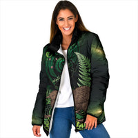 Kiwi New Zealand Personalised Padded Jacket Aotearoa Map Silver Fern Koru Pattern