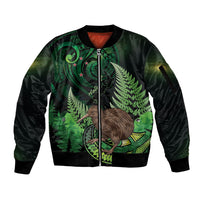 Kiwi New Zealand Personalised Sleeve Zip Bomber Jacket Aotearoa Map Silver Fern Koru Pattern