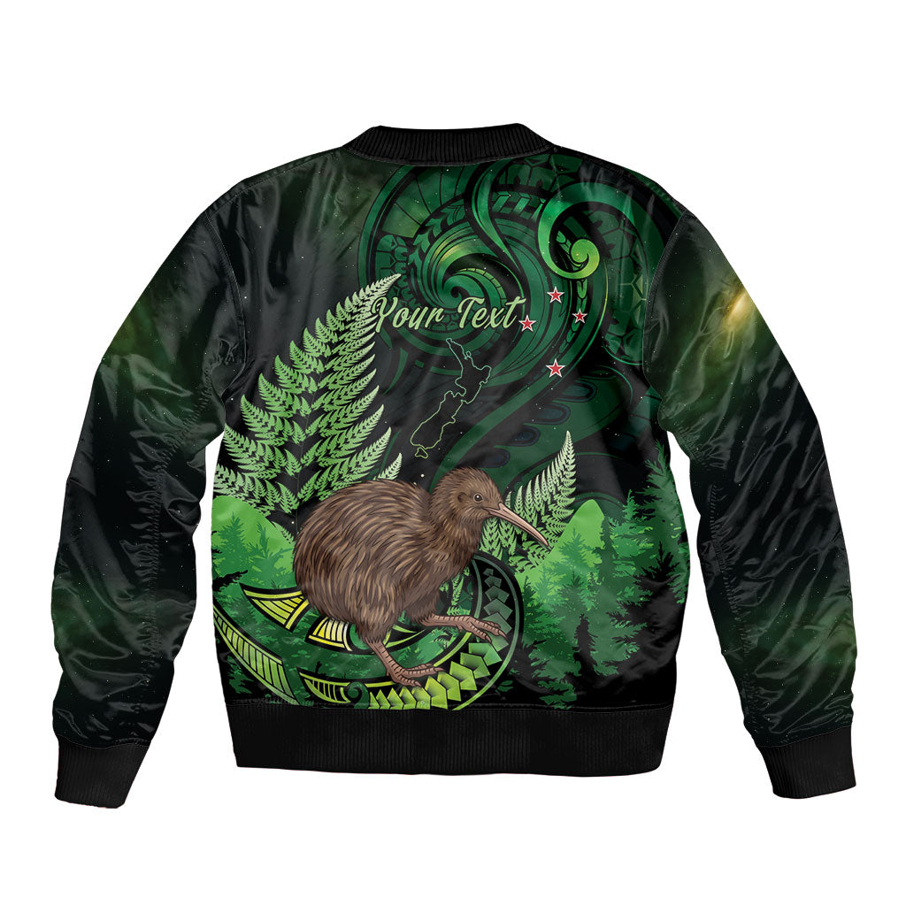 Kiwi New Zealand Personalised Sleeve Zip Bomber Jacket Aotearoa Map Silver Fern Koru Pattern