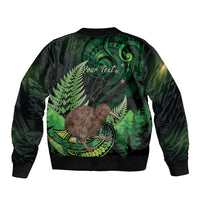 Kiwi New Zealand Personalised Sleeve Zip Bomber Jacket Aotearoa Map Silver Fern Koru Pattern
