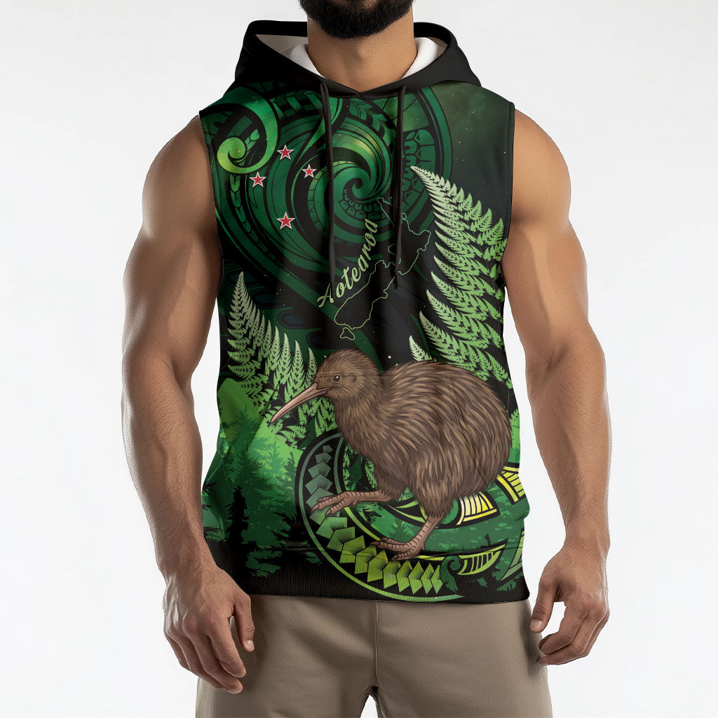 Kiwi New Zealand Personalised Sleeveless Hoodie Aotearoa Map Silver Fern Koru Pattern