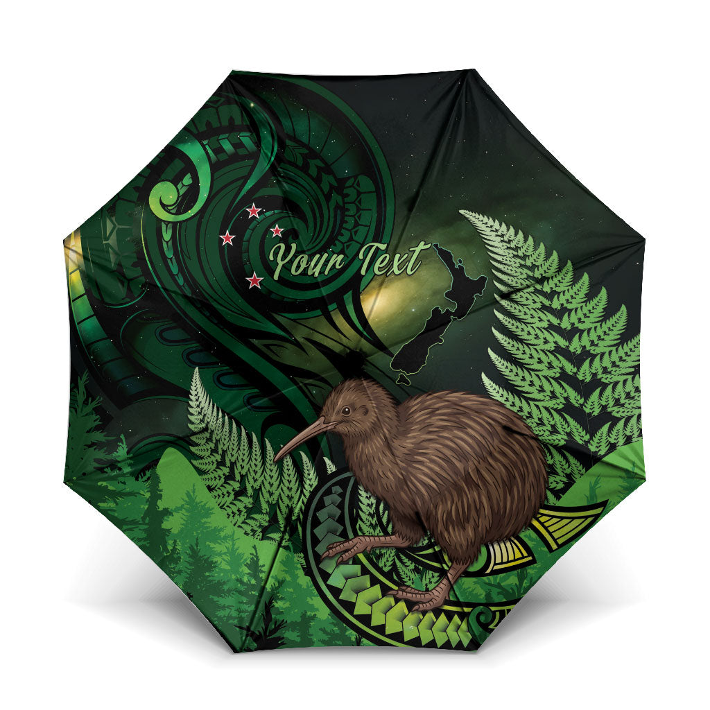 Kiwi New Zealand Personalised Umbrella Aotearoa Map Silver Fern Koru Pattern