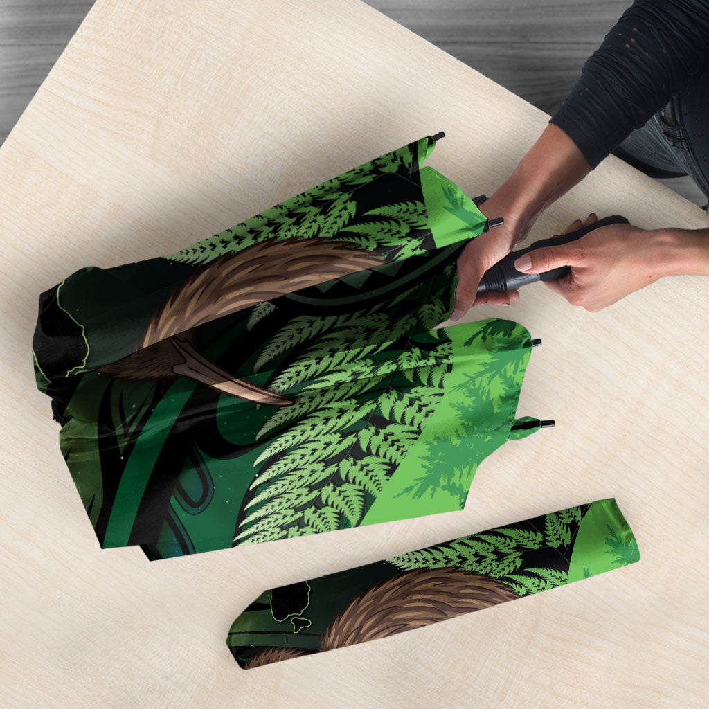 Kiwi New Zealand Personalised Umbrella Aotearoa Map Silver Fern Koru Pattern