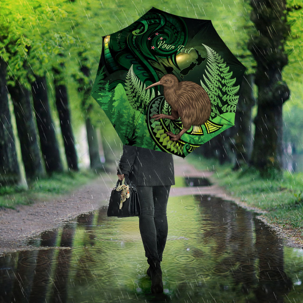 Kiwi New Zealand Personalised Umbrella Aotearoa Map Silver Fern Koru Pattern