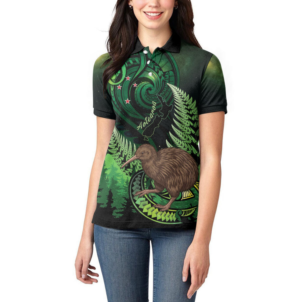 Kiwi New Zealand Personalised Women Polo Shirt Aotearoa Map Silver Fern Koru Pattern LT22 - Polynesian Pride