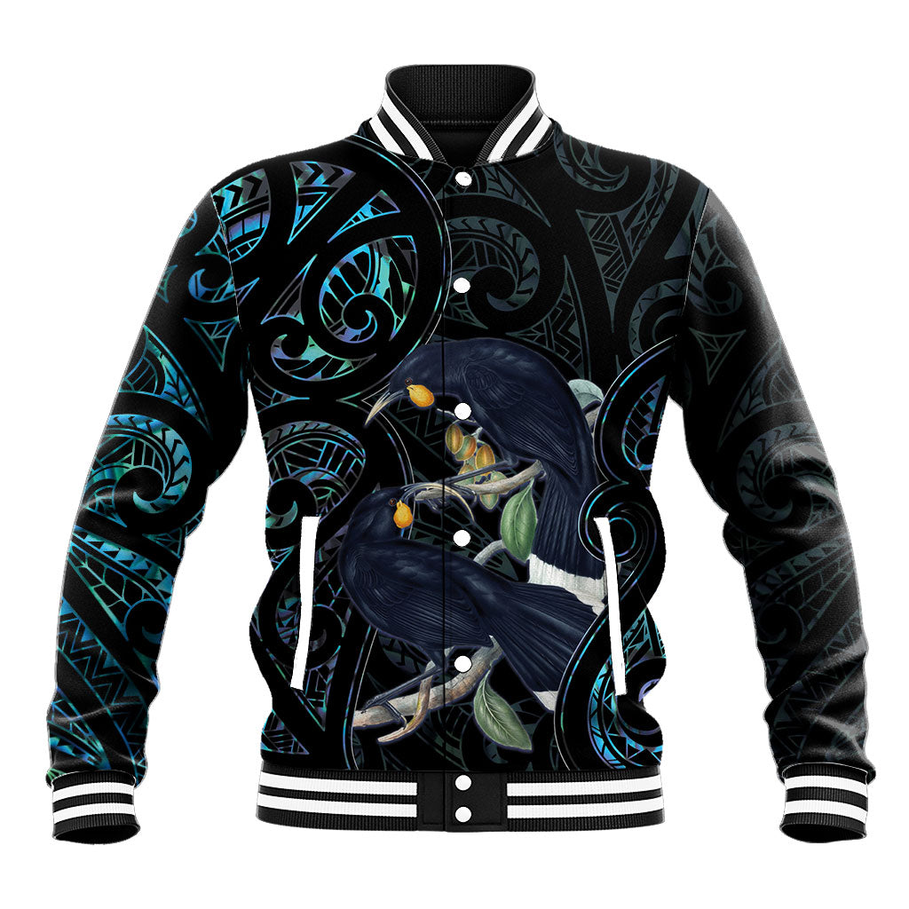 New Zealand Huia Bird Baseball Jacket Paua Shell Maori Pattern LT22 Unisex Black - Polynesian Pride