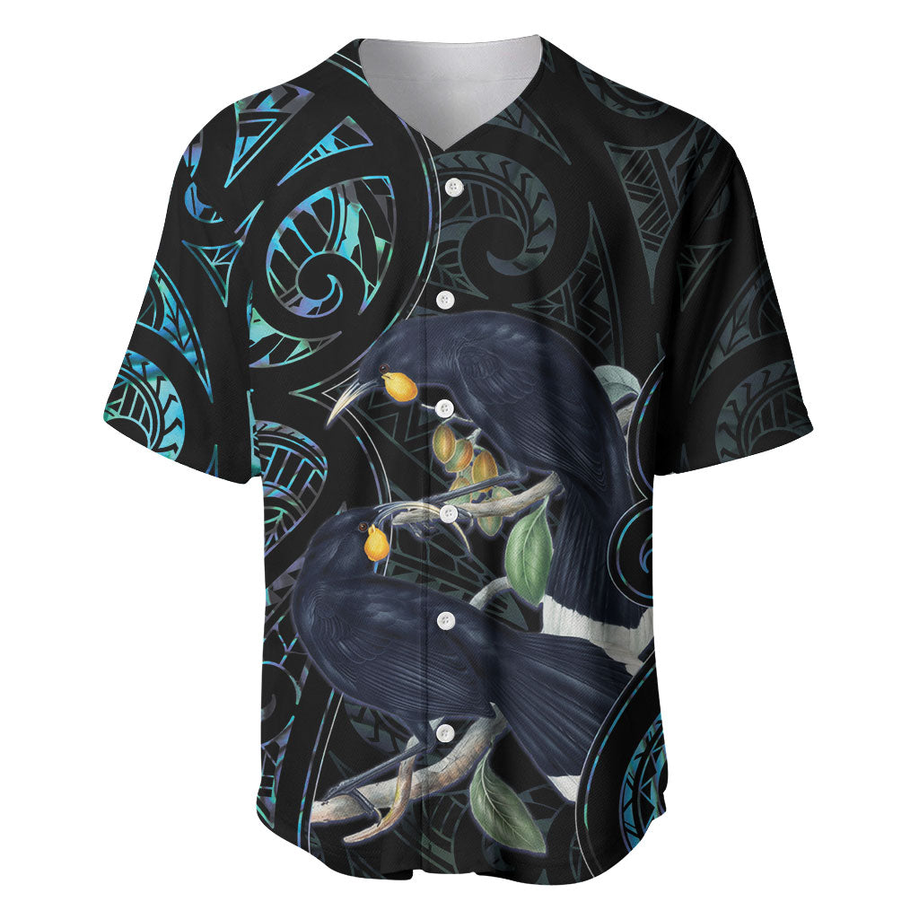 New Zealand Huia Bird Baseball Jersey Paua Shell Maori Pattern LT22 Black - Polynesian Pride