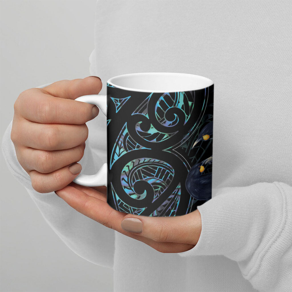 New Zealand Huia Bird Ceramic Mug Paua Shell Maori Pattern