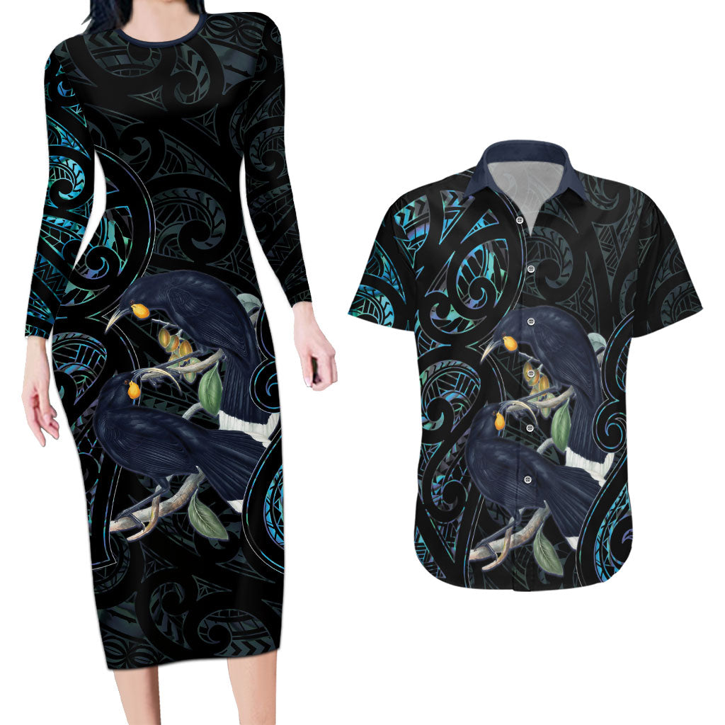 New Zealand Huia Bird Couples Matching Long Sleeve Bodycon Dress and Hawaiian Shirt Paua Shell Maori Pattern LT22 Black - Polynesian Pride